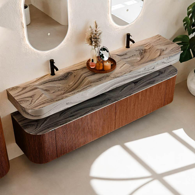 MONDIAZ THOR-DLUX 200cm meuble de salle de bains arrondi gauche + droite couleur Ruby avec 2 tiroirs et 2 portes. Vasque suspendue CLOUD Double 2 trous de robinet couleur Sombra.