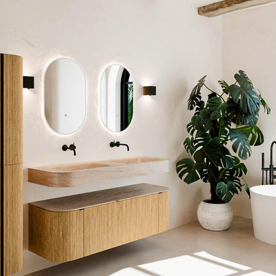 MONDIAZ THOR-DLUX 140cm meuble de salle de bains arrondi gauche + droite couleur Oak avec 1 tiroir et 2 portes. Vasque suspendue CLOUD Double sans trou de robinet couleur Saba.