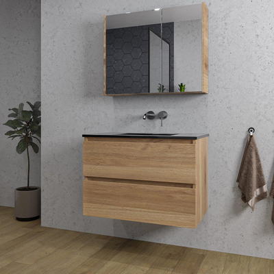 Saniclass Chaci Ensemble meuble de salle de bains - 80x46x55cm - lavabo céramique noir - 1 vasque - sans trou de robinet - 2 tiroirs - armoire de toilette - chêne