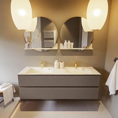 Mondiaz VICA-DLUX ensemble de meuble de salle de bain - 150cm - meuble sous-vasque fumée - 2 tiroirs - lavabo encastré nuage double - 2 trous de robinet - version haute 60cm - opalo