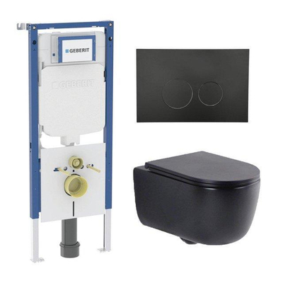 QeramiQ Dely Swirl Toiletset - 36.3x51.7cm - Geberit UP720 Duofix Sigma inbouwreservoir - slim zitting - metalen bedieningsplaat mat zwart - ronde knoppen - mat zwart