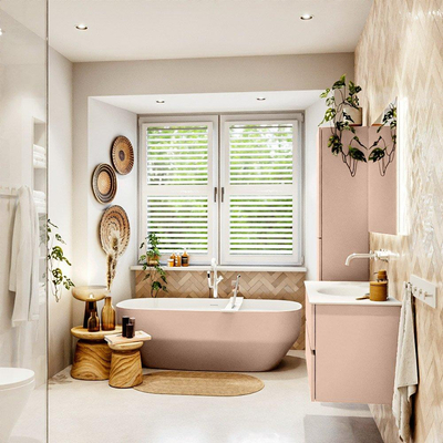 MONDIAZ VICA Ensemble meuble de salle de bains - 100cm - meuble bas rosee - 2 tiroirs - lavabo moon centré - sans trous de robinetterie - version haute 60cm - talc