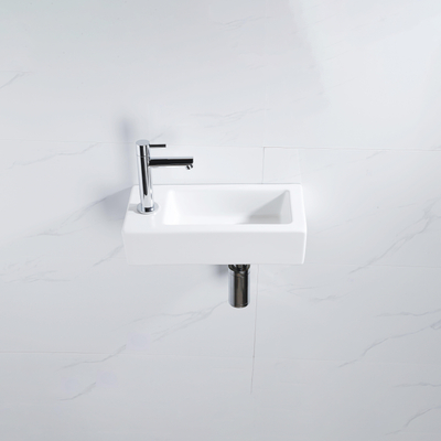 FugaFlow Efficiente Pietra Ensemble lave-mains - 37.5x18.5x9 cm - céramique - trou de robinet à gauche - robinet de lave-mains chrome - bonde de vidage - siphon extra-plat - blanc mat