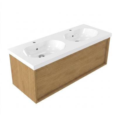 Saniclass Holz Frame Ensemble de meubles de salle de bains - 120x45x43.5cm - lavabo en céramique Palermo blanc - 2 vasques - 2 trous de robinetterie - 1 tiroir - chêne natural mat (bois)