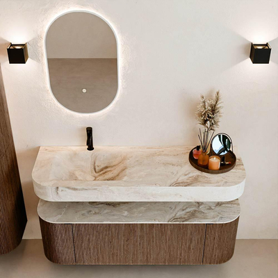 MONDIAZ THOR-DLUX 140cm meuble de salle de bains arrondi gauche + droite couleur Walnut avec 1 tiroir et 2 portes. Vasque suspendue CLOUD Gauche 1 trou de robinet couleur Frappe.