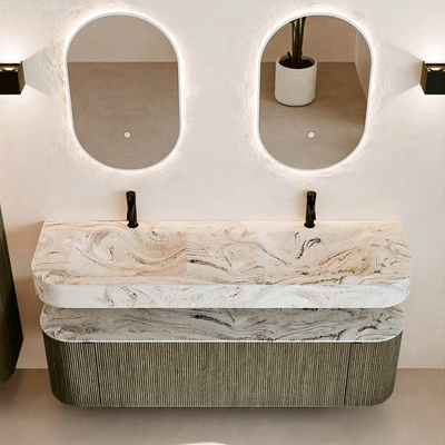 MONDIAZ THOR-DLUX 160cm meuble de salle de bains arrondi gauche + droite couleur Shadow avec 1 tiroir et 2 portes. Vasque suspendue CLOUD Double 2 trous de robinet couleur Glace.