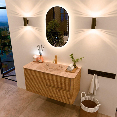 Mondiaz CIRO-DLUX Meuble de salle de bains - 100x45x50cm - Vasque solid surface Arena - 1 vasque au milieu - 1 trou pour robinet - 2 tiroirs - Chêne