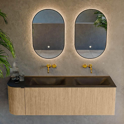 MONDIAZ KURVE Meuble de salle de bains 145 cm avec module 25 L couleur Oak avec 1 tiroir et 1 porte. Lavabo CLOUD double / à droite sans trou de robinet Urban.