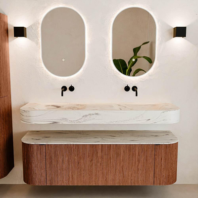 MONDIAZ THOR-DLUX 150cm meuble de salle de bains arrondi gauche + droite couleur Ruby avec 1 tiroir et 2 portes. Vasque suspendue CLOUD Double sans trou de robinet couleur Nata.