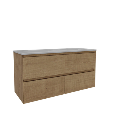 Saniclass Holz Atelier Meuble de salle de bain - 120x45x60cm - lavabo en céramique blanc - 2 vasques - 2 trous de robinet - 2 tiroirs - Chêne Natural