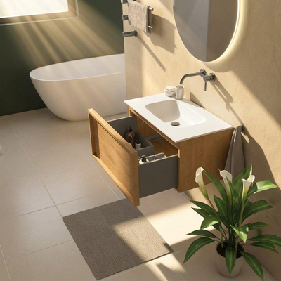 Saniclass Holz Frame Ensemble meuble de salle de bains - 80x45x41.5cm - Flow lavabo en Solid Surface blanc - 1 vasque - sans trou de robinet - 1 tiroir - chêne naturel mat (bois)
