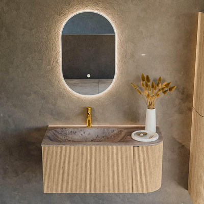 MONDIAZ KURVE-DLUX meuble de salle de bains 95cm arrondi Droit couleur chêne avec 1 tiroir et 1 porte. Lavabo BIG SMALL Gauche 1 trou de robinet Oza.