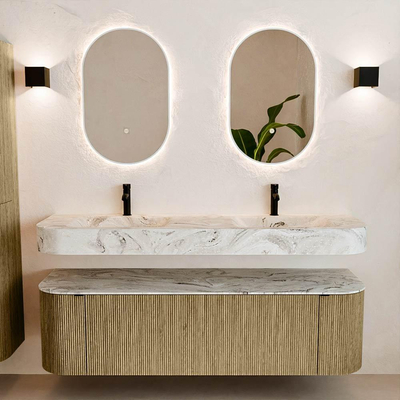 MONDIAZ THOR-DLUX Meuble de salle de bains 160cm arrondi gauche + droite couleur Dusk avec 1 tiroir et 2 portes. Vasque suspendue CLOUD Double 2 trous de robinet couleur Glace.