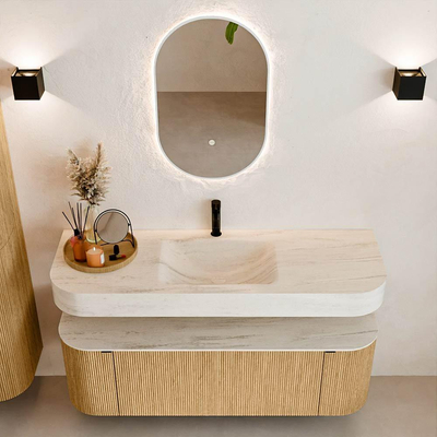 MONDIAZ THOR-DLUX 140cm badmeubel ronding links + rechts kleur Oak met 1 lade en 2 deuren. Vrijhangende wastafel CLOUD Midden 1 kraangat kleur Meli.