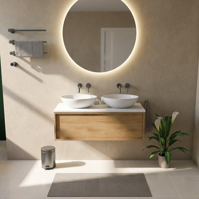 Saniclass Holz Frame Ensemble de meuble de salle de bains - 120x45x42.5cm - plan de toilette Torino en Solid Surface blanc - sans trou de robinet - 1 tiroir - chêne natural mat (bois)