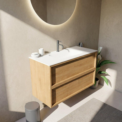 Saniclass Holz Frame Ensemble de meubles de salle de bains - 100x45x61.5cm - Flow lavabo en solid surface blanc - 1 vasque - 1 trou de robinetterie - 2 tiroirs - chêne natural mat (bois)