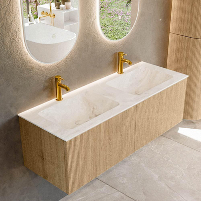 MONDIAZ KURVE-DLUX 130cm badmeubel kleur Oak met 2 lades. Wastafel LEAF dubbel 2 kraangaten kleur Frappe.