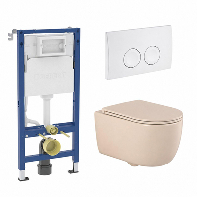QeramiQ Dely Swirl Toiletset - 36.5x53cm - Geberit UP100 inbouwreservoir - slim zitting - witte bedieningsplaat - ronde knoppen - mat beige