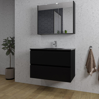 Saniclass Chaci Meuble de salle de bain - 80x46x55cm - lavabo en céramique noir - 1 vasque - 1 trou de robinet - 2 tiroirs - armoire miroir - noir mat