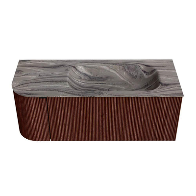 MONDIAZ KURVE-DLUX Meuble de salle de bains 115cm arrondi à gauche couleur Ruby avec 1 tiroir et 1 porte. Vasque BIG SMALL à droite sans trou de robinet Sombra.