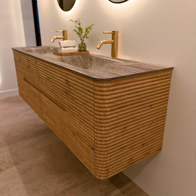 Mondiaz CIRO-DLUX Ensemble de meubles de salle de bains - 160x45x50cm - Plan vasque solid surface Oza - 2 lavabos double - 2 trous de robinetterie - 4 tiroirs - Chêne