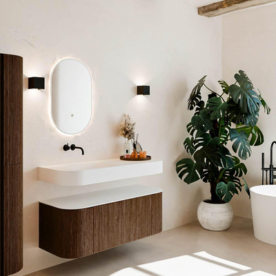 MONDIAZ THOR Meuble de salle de bains 120cm arrondi gauche + droite couleur Walnut avec 1 tiroir et 2 portes. Vasque suspendue CLOUD Gauche sans trou de robinet couleur Talc.