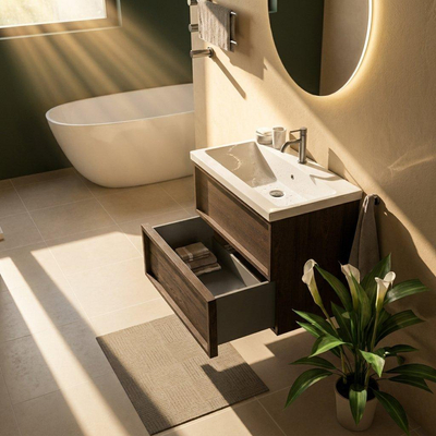 Saniclass Holz Frame Ensemble de meuble de salle de bains - 80x45x63.5cm - Lavabo en céramique Bari blanc - 1 vasque - 1 trou de robinet - 2 tiroirs - chêne charcoal mat (bois)