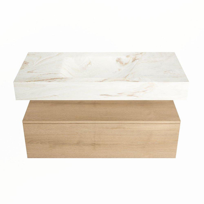 Mondiaz ALAN-DLUX Ensemble de meuble - 100cm - meuble Washed Oak mat - 1 tiroir - Lavabo Cloud Frappe suspendu - vasque Centre - 1 trou de robinet