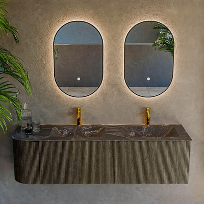 Mondiaz KURVE-DLUX Badkamermeubelset - 155x46x40cm - 2 lade - 1 deur - wastafel solid surface - dubbel / rechts - 2 kraangaten - Shadow