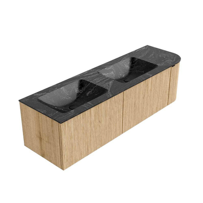 MONDIAZ KURVE-DLUX meuble de salle de bains 155cm avec module 25 R couleur Chêne avec 2 tiroirs et 1 porte. Lavabo LEAF double / gauche sans trou de robinet couleur Lava.