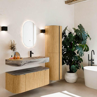 MONDIAZ THOR-DLUX 110cm badmeubel ronding links + rechts kleur Oak met 1 lade en 2 deuren. Vrijhangende wastafel CLOUD Rechts 1 kraangat kleur Sombra.