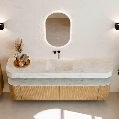 MONDIAZ THOR-DLUX Meuble de salle de bains - 200cm - arrondi gauche + droite - couleur Oak - 2 tiroirs - 2 portes - Vasque suspendue CLOUD Milieu sans trou de robinet - couleur Opalo