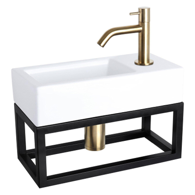 Differnz Ravo pack lave-mains – 38,5 x 18,5 x 25 cm – robinet courbé doré mat – avec cadre noir