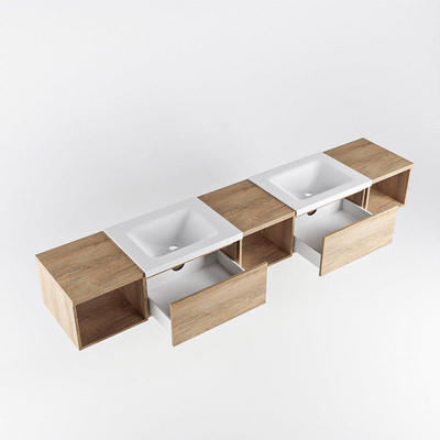 MONDIAZ BUKLA Meuble de salle de bains 240cm avec module ouvert 40 L+M+R couleur Chêne blanchi avec 2 tiroirs. Lavabo CLOUD double 0 trous de robinet couleur Talc.