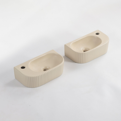 QeramiQ Blend Fontein - 40x22x12cm - Links - Geribbeld - halfrond - 1 kraangat - Keramiek - Beige mat OUTLETSTORE