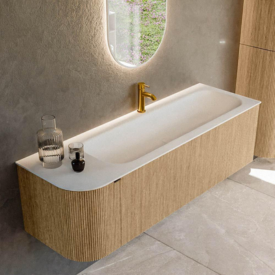 MONDIAZ KURVE Meuble de salle de bains 145cm avec module 25 L couleur Oak avec 1 tiroir et 1 porte. Lavabo BIG LARGE à droite 1 trou de robinet Talc.