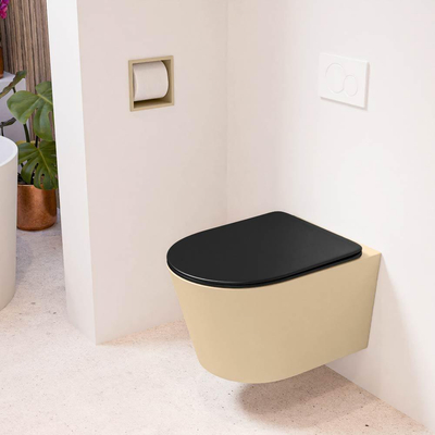 Mondiaz LAVIE hangtoilet – spoelrandloos – 36 x 53 cm – met softclose zitting – Sand (beige), zitting Urban (zwart)