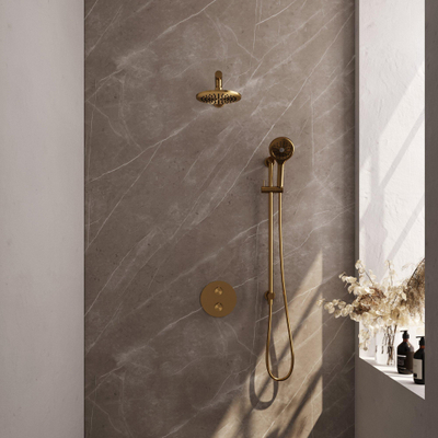BRAUER Gold Carving douche de pluie encastrée thermostatique - 3 voies - ronde - ensemble 91 - pomme de douche 20cm - bras mural droit - douchette 3 jets - flexible de douche - barre de douche intégrée - or brossé PVD