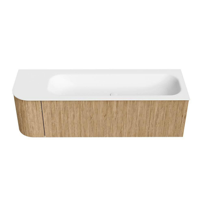 MONDIAZ KURVE 145cm Meuble salle de bain avec module 25 G - couleur Oak - 1 tiroir - 1 porte - vasque BIG LARGE droite - 1 trou de robinet - Talc