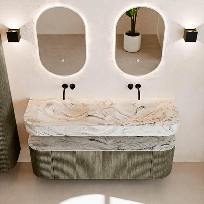 MONDIAZ THOR-DLUX 150cm badmeubel ronding links + rechts kleur Shadow met 1 lade en 2 deuren. Vrijhangende wastafel CLOUD Dubbel zonder kraangat kleur Glace.