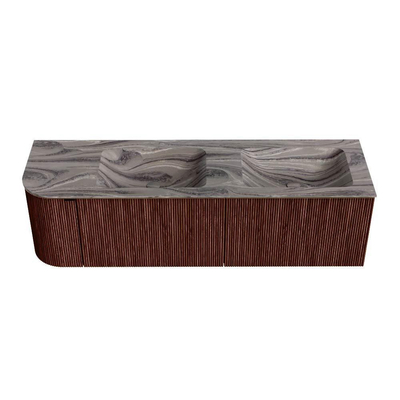 MONDIAZ KURVE-DLUX Meuble de salle de bains 155cm arrondi à gauche couleur Ruby avec 2 tiroirs et 1 porte. Lavabo LEAF Double / Droite sans trou de robinet Sombra.