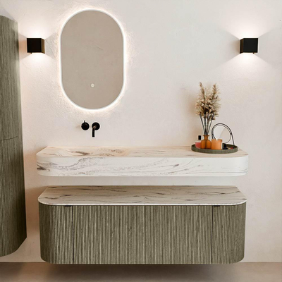 MONDIAZ THOR-DLUX 140cm meuble de salle de bains arrondi gauche + droite couleur Shadow avec 1 tiroir et 2 portes. Vasque suspendue CLOUD Gauche sans trou de robinet couleur Nata.