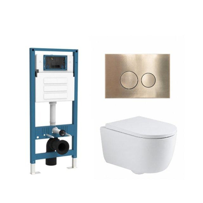 QeramiQ Dely Swirl Ensemble WC - réservoir encastré QeramiQ Flush - abattant 35mm - plaque de commande en métal laiton brossé - boutons ronds - blanc brillant