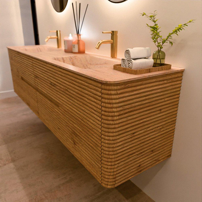 Mondiaz CIRO-DLUX Meuble de salle de bains - 190x45x50cm - Plan vasque Solid surface Saba - 2 vasques Double - 2 trous de robinetterie - 4 tiroirs - Chêne