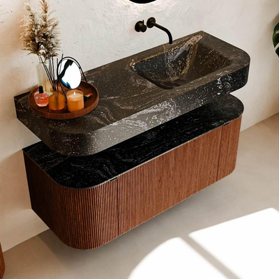 MONDIAZ THOR-DLUX 120cm meuble de salle de bains arrondi gauche + droite couleur Ruby avec 1 tiroir et 2 portes. Vasque suspendue CLOUD Droite sans trou de robinet couleur Lava.