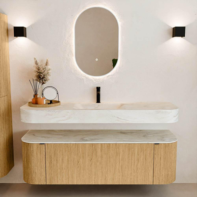 MONDIAZ THOR-DLUX 150cm badmeubel ronding links + rechts kleur Oak met 1 lade en 2 deuren. Vrijhangende wastafel CLOUD Midden 1 kraangat kleur Ostra.