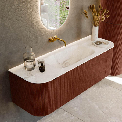 Ensemble de meuble de salle de bain Mondiaz KURVE-DLUX - 140x46x40cm - 1 tiroir - 2 portes - lavabo en solid surface - milieu - sans trou de robinet - Ruby
