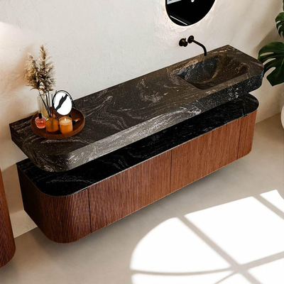 MONDIAZ THOR-DLUX 180cm meuble de salle de bains arrondi gauche + droite couleur Ruby avec 2 tiroirs et 2 portes. Vasque suspendue CLOUD Droite sans trou de robinet couleur Lava.