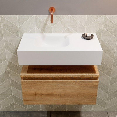 MONDIAZ ANDOR Toiletmeubel - 60x30x30cm - 0 kraangaten - 1 lades - washed oak mat - wasbak links - Solid surface - Wit