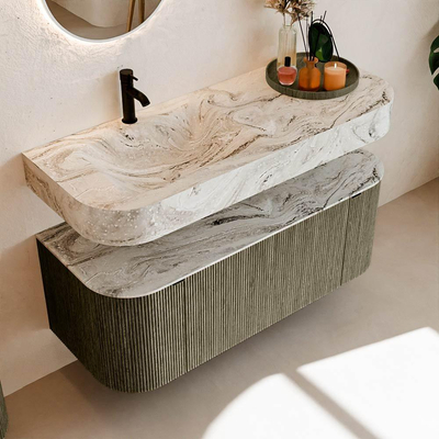 MONDIAZ THOR-DLUX 120cm meuble de salle de bains arrondi gauche + droite couleur Shadow avec 1 tiroir et 2 portes. Vasque suspendue CLOUD Gauche 1 trou de robinet couleur Glace.